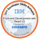 Front-end Development with React V2 badge, issued by IBM